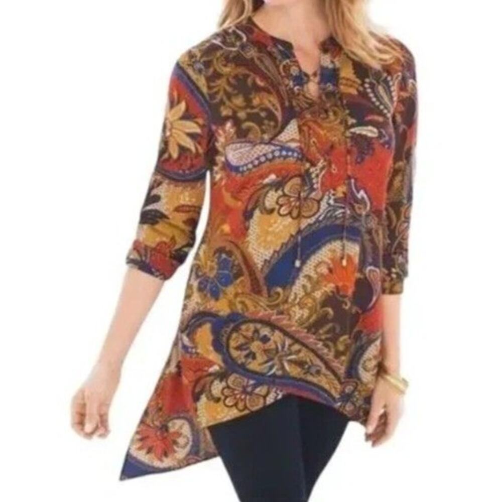 Chico's Paisley Asymmetrical Lace Up Blouse Top Sz XL Multicolor Bohemian Hippie